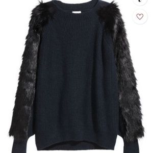 Navy Sweater with Faux Fur Sleeves